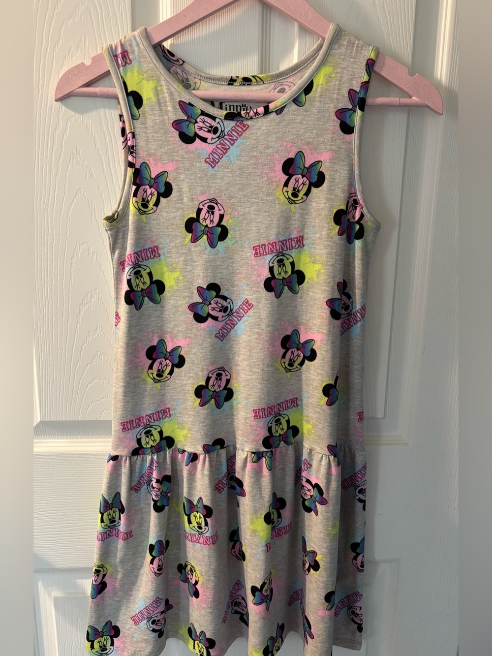 Disney Girls' Gray Dress with Pink, Yellow & Teal Minnie Print